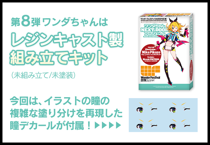 第8弾ワンダちゃんはレジンキャスト製組み立てキット（未組み立て/未塗装）今回は、複雑な塗り分けパターンを再現した瞳デカールが付属！